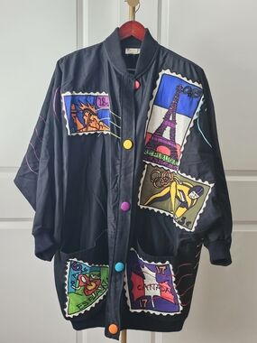Vintage Silkscapes Jacket Colorful Stamp-themed Silk Appliqués 100% cotton XXL